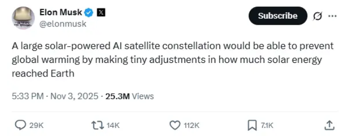 马斯克疯狂设想：用AI卫星遮住太阳降温